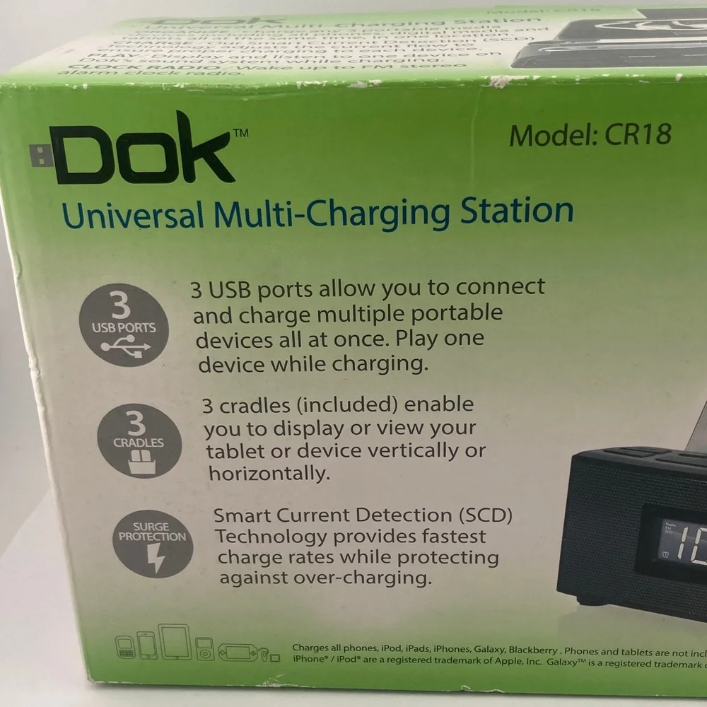 DOK CR18 Universal Multi-Charging Station Alarm Clock AM/FM radio